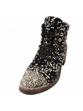 Chanel Tweed Boots Short Coco Mark Lace Up Shoes Size 38